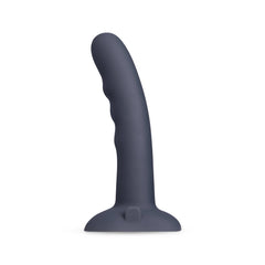 Dark grey curved silicone dildo with ridged grip and suction-cup base, side profile view