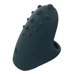 Dark grey silicone finger vibrator with raised texture nubs, side and rear angle view