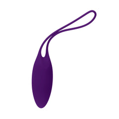 Dark purple silicone kegel ball with retrieval loop cord, upright front view