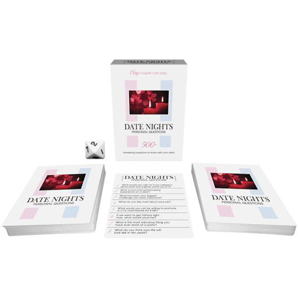 Date Nights Personal Questions card game box, two card decks, and a die displayed on white surface
