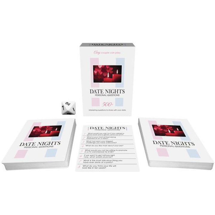 Date Nights Personal Questions card game box, two card decks, and a die displayed on white surface