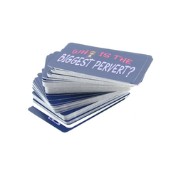 Deck of navy blue game cards fanned showing Who is the Biggest Pervert logo in pink and white