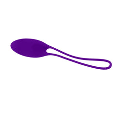 Deep purple silicone kegel weight displayed horizontally, highlighting smooth oval body and cord