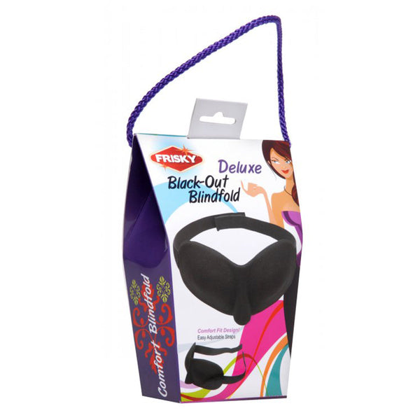 Deluxe Black-Out Blindfold shown in purple gift-style box with comfort fit design details