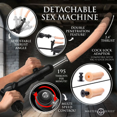 Detachable sex machine close-up showing adjustable thrust angle, cock lock adaptor, and multi-speed control dial