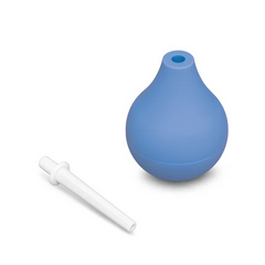 Detached white nozzle beside blue silicone bulb showing the two-piece easy-clean design