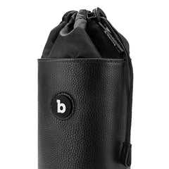 Detail of b-Vibe logo button and pebbled faux-leather texture on the UV Sterilizer Pouch upper body
