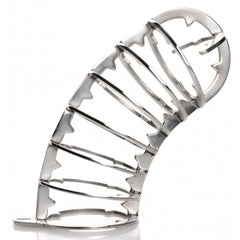 Detail of jagged inner spike edges along the stainless steel chastity cage rings