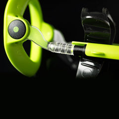 Detail of Male Edge tension spring connector joining lime-green ring to extension bars