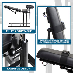Detail shots of D-ring attachment points and locking adjustment knobs on Extreme Obedience Chair