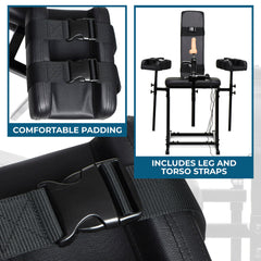 Detail shots of padded leg rests with comfort cushioning and adjustable nylon torso and leg restraint straps