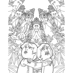 Detailed black-and-white coloring page with layered forest figures and two characters embracing