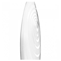 Detailed close-up of concentric groove pattern etched into clear borosilicate glass dildo body