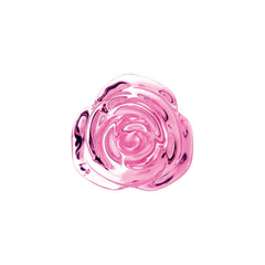Close-up of detailed pink glass rose base showing intricate petal texture and clarity