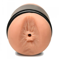 Detailed rear entry close-up of the Mistress Double Shot open-ended masturbator for easy cleaning