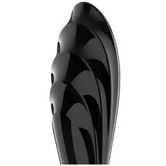 Detailed close-up of sculpted wave pattern on black glass dildo upper shaft
