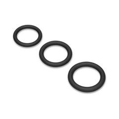 Diagonal view of three Snug Ring Lite cock rings highlighting smooth matte black finish