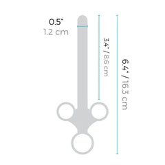 Diagram showing applicator dimensions: 6.4 inches total length, 3.4 inch barrel, 0.5 inch tip