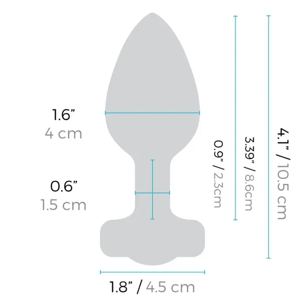 Diagram showing b-Vibe jewel plug dimensions: 4.1 in total length, 1.6 in width