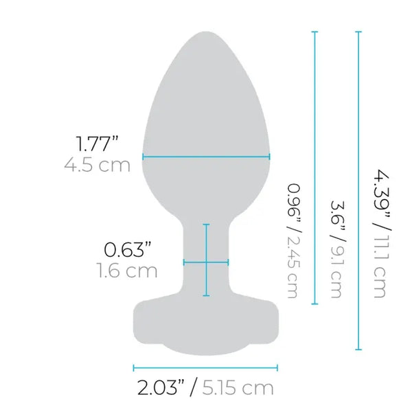 Diagram showing b-Vibe jewel plug dimensions: 4.39 in total length, 1.77 in width
