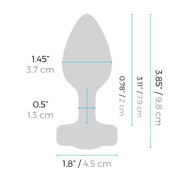 Diagram of b-Vibe Jewel Plug S/M with dimensions: 3.85in total length, 1.45in width