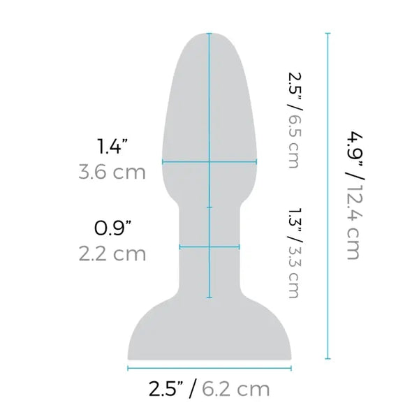 Diagram showing b-Vibe Rimming Plug Petite dimensions: 4.9 in total, 1.4 in max width