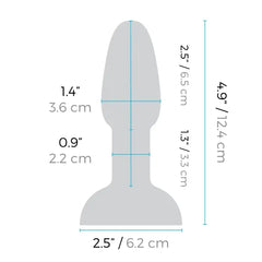 Diagram showing b-Vibe Rimming Plug Petite dimensions: 4.9 in total length, 1.4 in maximum width