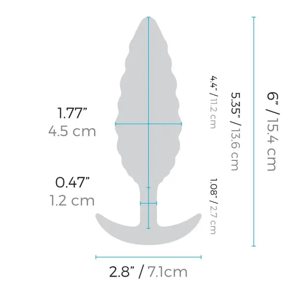 Diagram showing b-Vibe Twist dimensions: 6 in total length, 1.77 in max width, 5.35 in insertable