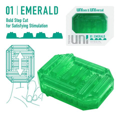 Diagram showing bold step-cut interior texture of the Tenga Uni Emerald for stimulation