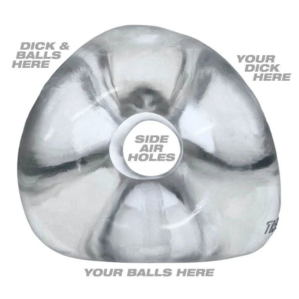 Diagram view of clear Tri-Sport XL cock ring labeling three openings and side air holes placement