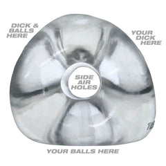 Diagram view of clear Tri-Sport XL cock ring labeling three openings and side air holes placement