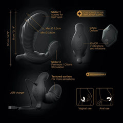 Diagram showing dual motors, inflation levels, dimensions, and vaginal or anal use