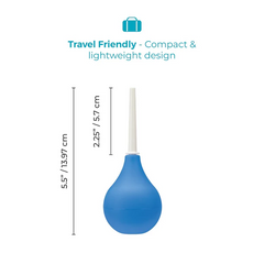 Diagram showing enema douche dimensions: 5.5 inches tall with 2.25-inch nozzle insert