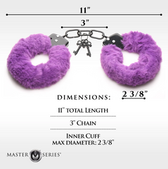 Diagram showing furry handcuffs dimensions: 11 inch length, 3 inch chain, 2 3/8 inch inner diameter