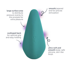 Diagram highlighting large surface area, scalloped back, tapered tip, and soft silicone finish