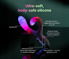 Diagram of the Rabbit Vibrator labelling power, vibration, intensity, and LED light control buttons