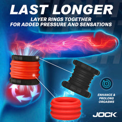 Diagram showing red and black Jock silicone rings layered together for added pressure
