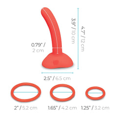 Diagram of red silicone dildo with measurements: 4.7in total, 3.9in insertable, and three O-ring sizes