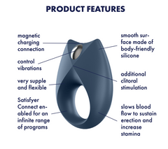 Diagram of Royal One ring vibrator labelling silicone build, magnetic charging, and clitoral stimulator