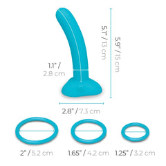 Diagram of teal dildo with measurements: 5.9in total, 5.1in insertable, plus three O-ring sizes