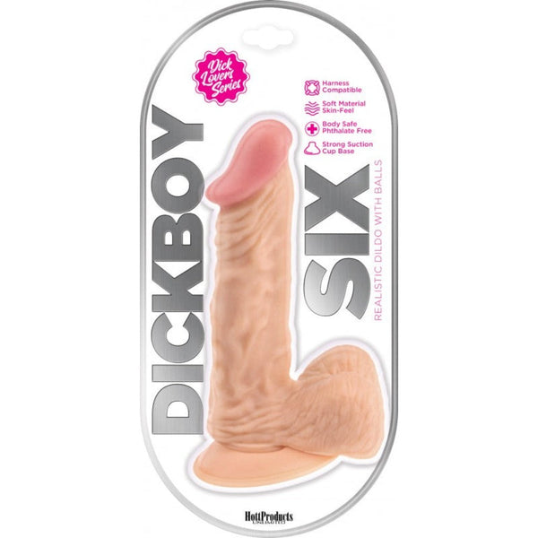 Dick Boy Six realistic dildo in packaging, skin-tone finish with suction cup base