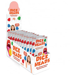 Dick Heads gummies 12-piece retail display box showing individual bags stacked for store shelving