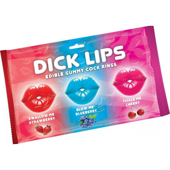 Dick Lips edible gummy rings packaging in strawberry, blueberry, and cherry flavors