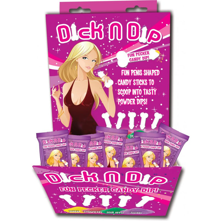 Dick N Dip 40-piece retail display box with pink novelty candy packaging and flavour variety