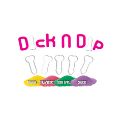 Dick N Dip candy sticks with banana, strawberry, sour apple, and cherry powder dip flavours shown