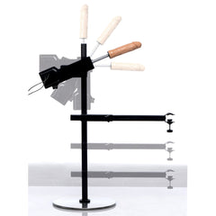 Dicktator sex machine freestanding black metal stand with multiple dildo attachments displayed