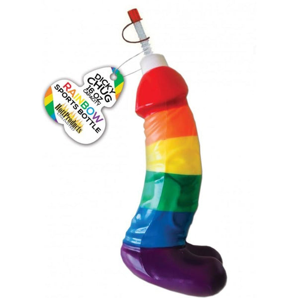 Dicky Chug Rainbow Sports Bottle with pride-striped design and pull-top straw cap