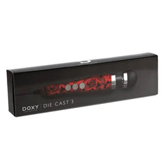 Die Cast 3 Roses wand massager displayed in its slim black branded retail box