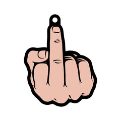 Die-cut middle finger air freshener charm in peach tone with black outline and hanging loop