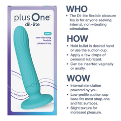 Dil-Lite product box beside toy with WHO HOW WOW usage guide for flexible non-vibrating pleasure toy